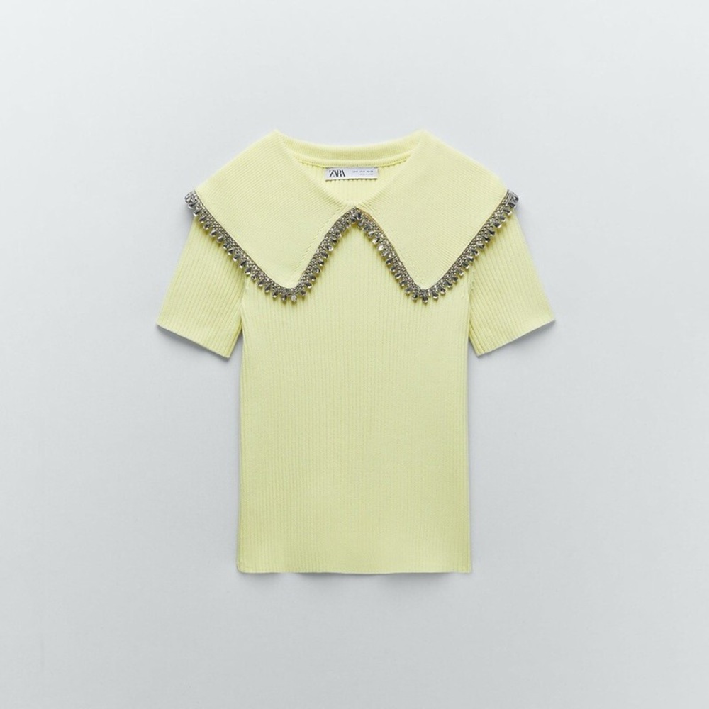 Zara Jeweled Peter Pan Jeweled Crystal Collared Light Green Knit Top NWT